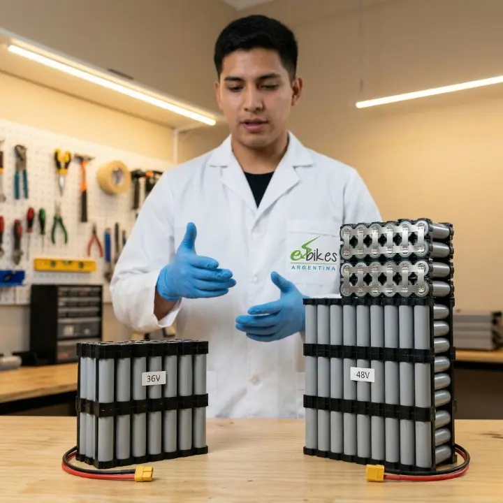 Comparativa visual entre batería 36V vs 48V para bicicleta eléctrica E-Bikes Argentina Mendoza
