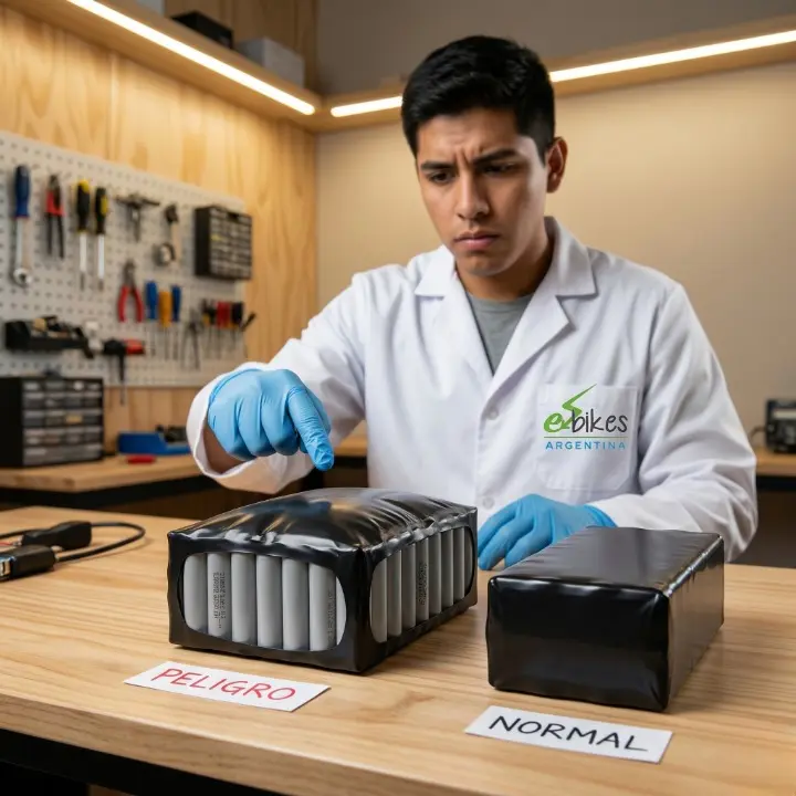 Batería litio se hincha con swelling visible comparada con batería nueva en laboratorio E-Bikes Argentina Mendoza
