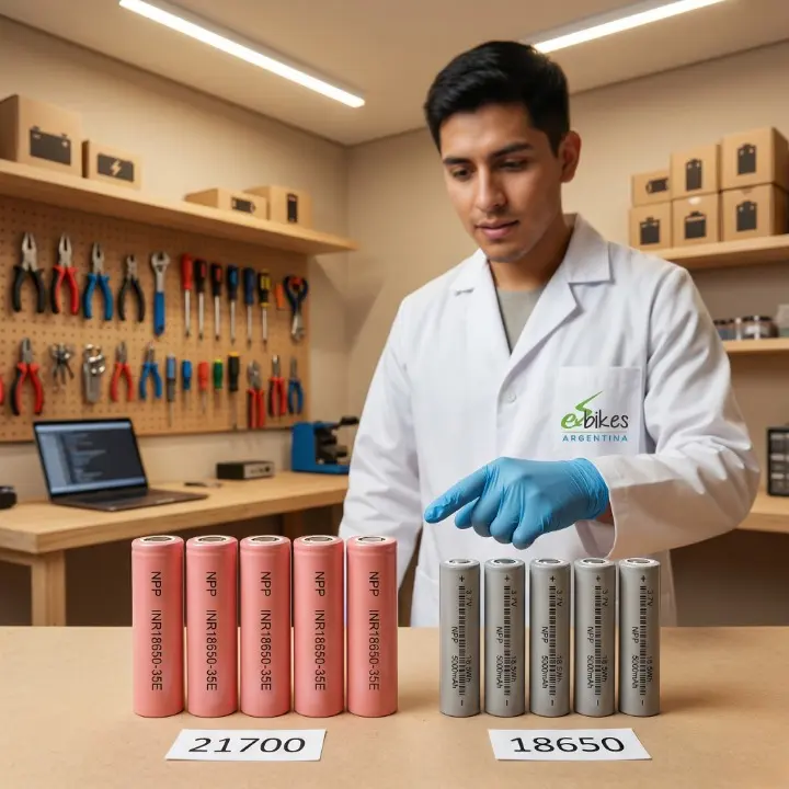 Celdas 18650 y 21700 Samsung BAK EVE comparadas en tamaño sobre mesa de laboratorio E-Bikes Argentina Mendoza