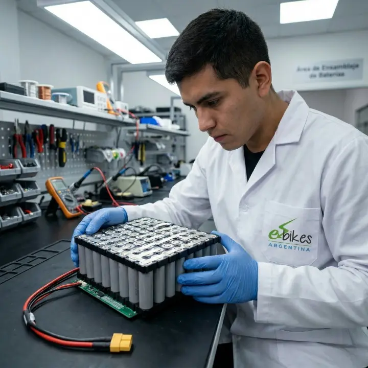 Técnico ensamblando pack de baterías de litio con soldadora de punto en fábrica E-Bikes Argentina Mendoza