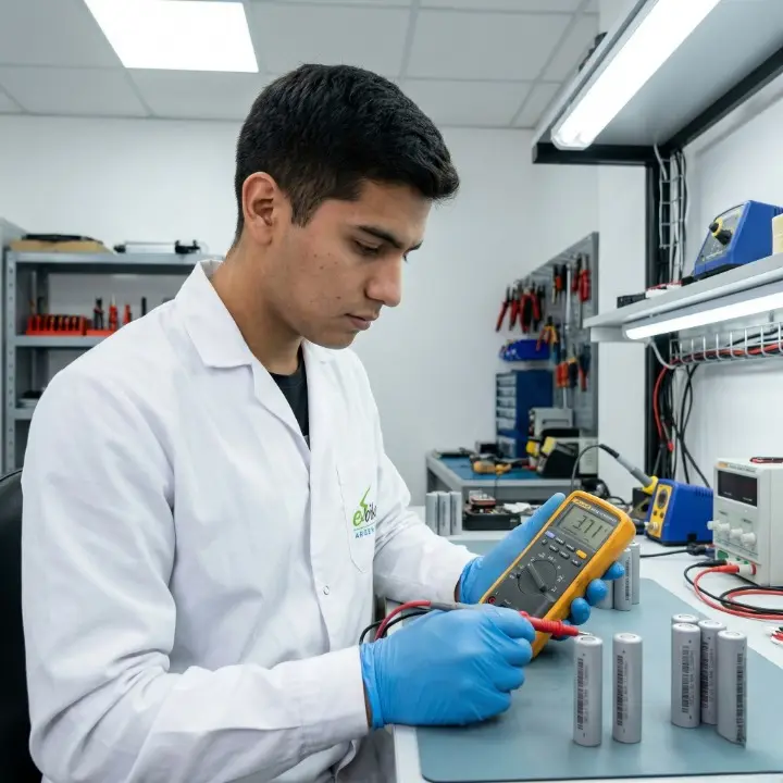 Interior del laboratorio fabricante de baterías de litio E-Bikes Argentina Mendoza con soldadora de punto