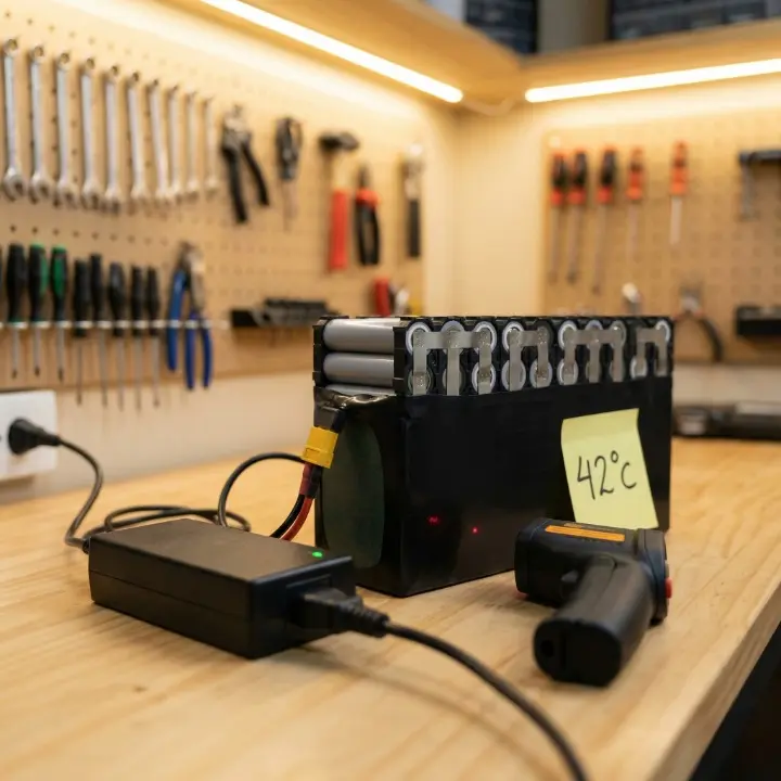 batería se calienta.Técnico midiendo temperatura de batería de litio durante carga en laboratorio E-Bikes Argentina Mendoza