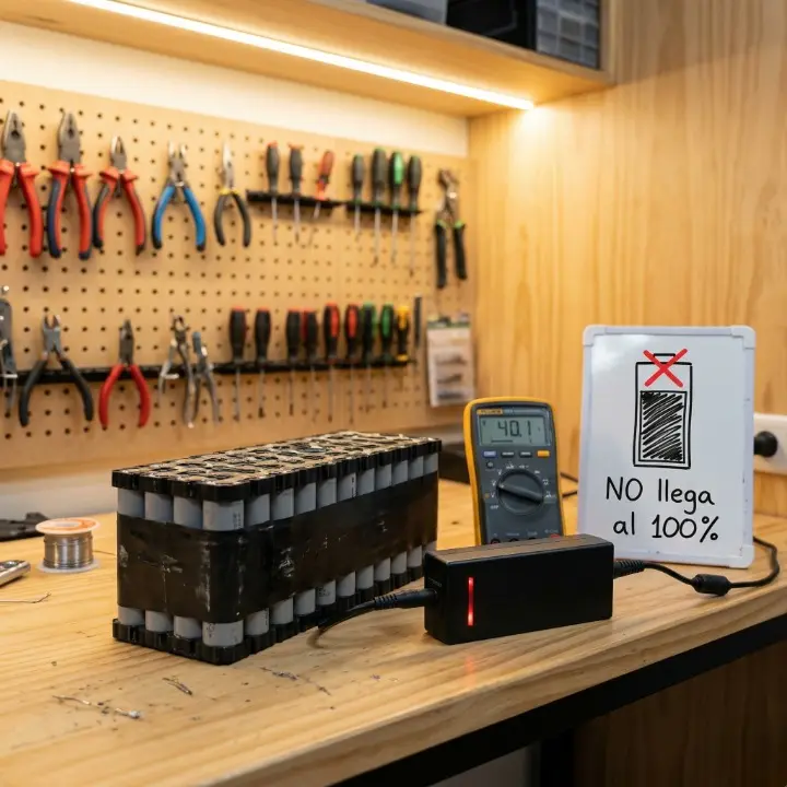 cargador no llega al 100%.Técnico midiendo voltaje de cargador de batería de litio con voltímetro en laboratorio E-Bikes Argentina Mendoza