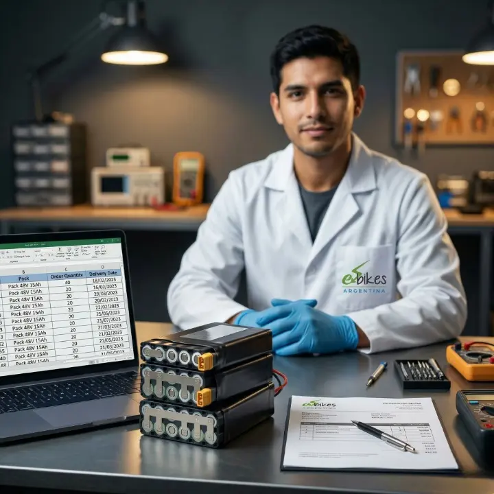 baterías de litio empresa.Banco de pruebas de baterías de litio industriales en laboratorio técnico E-Bikes Argentina para clientes corporativos