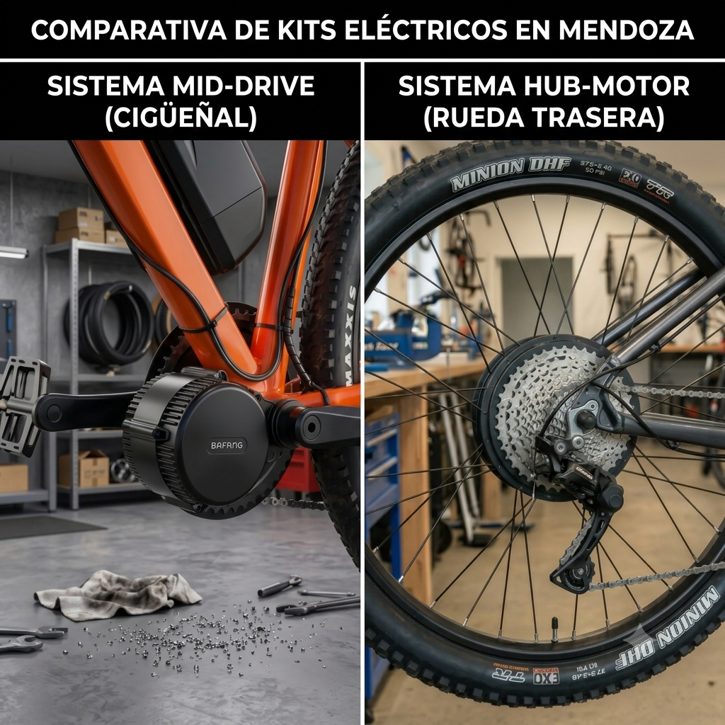 Comparativa motor de rueda vs motor central bicicleta en taller E-Bikes Argentina Mendoza